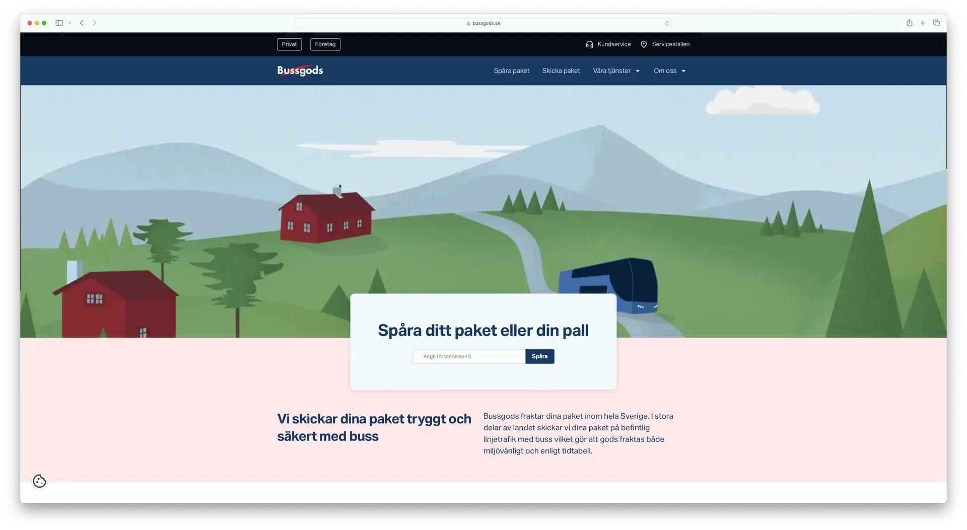 Skärmdump på Bussgods webbplats startsida.