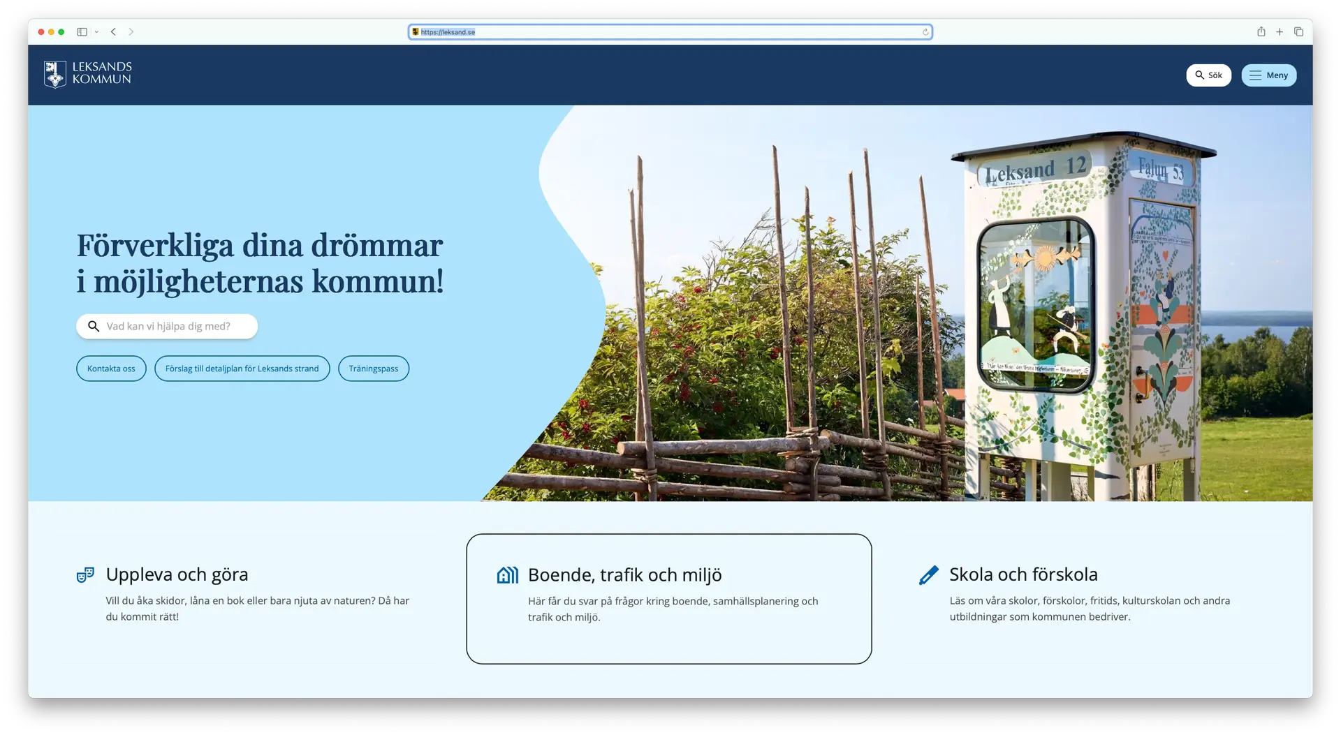 Skärmdump av Leksands kommun webbplats