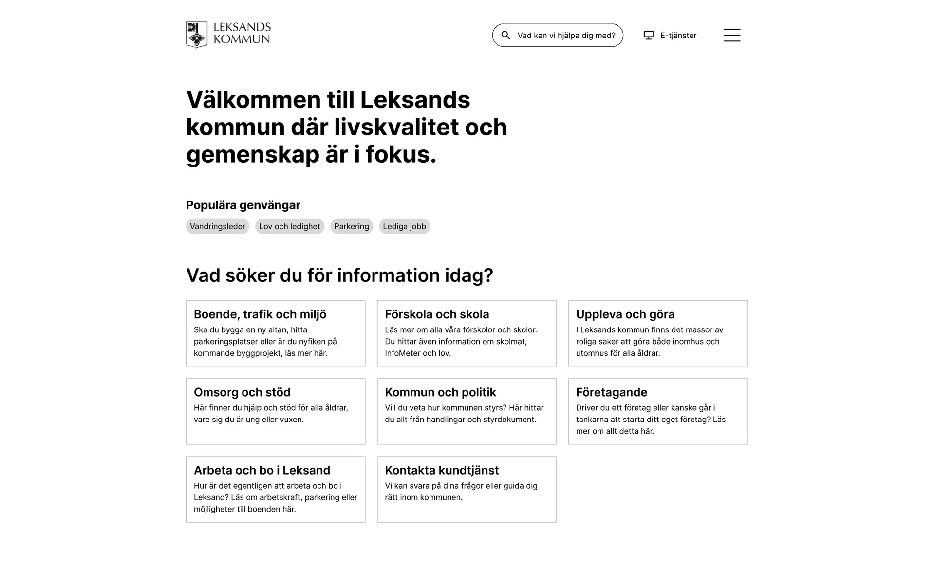 Skärmdump på en wireframe för Leksands kommuns webbplats